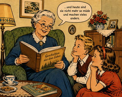 Bild: Oma erzählt zwei Kindern aus dem Märchenbuch